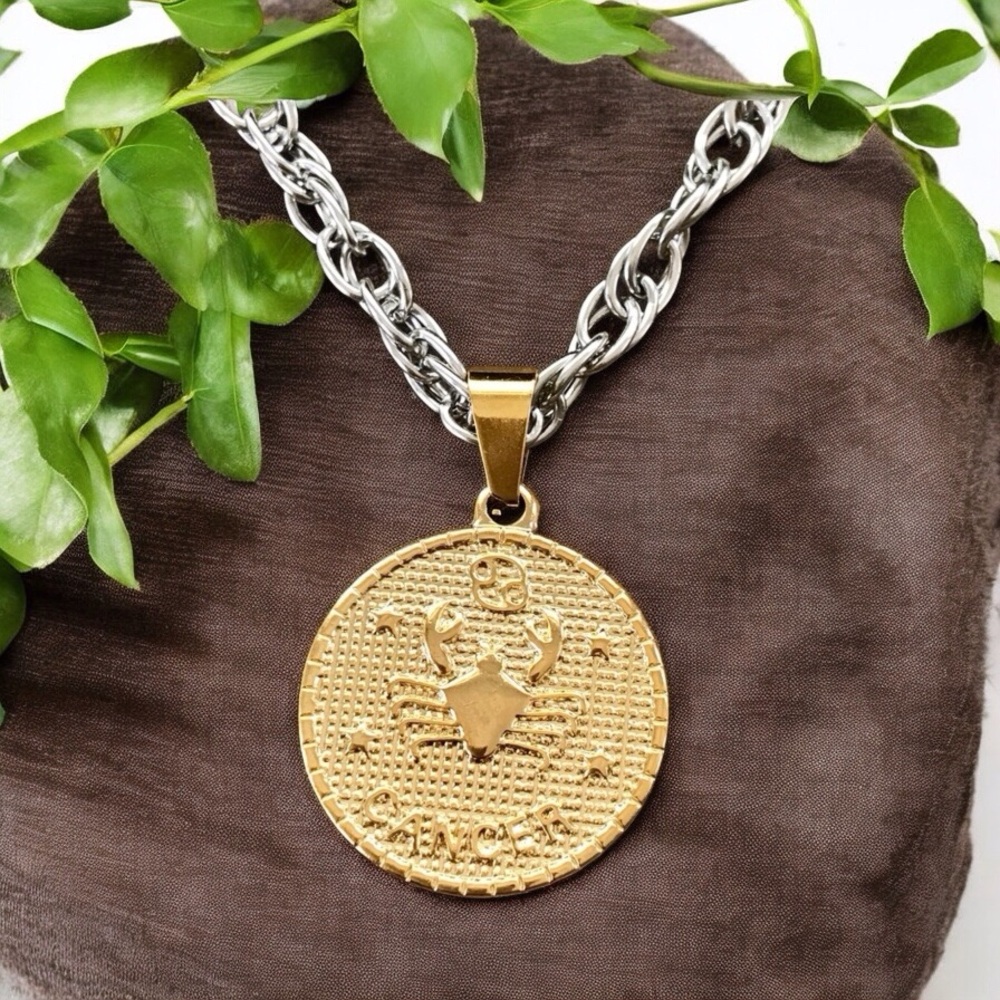 🆕 Cancer Gold Coin on Twisted Helix Necklace Stainless Steel